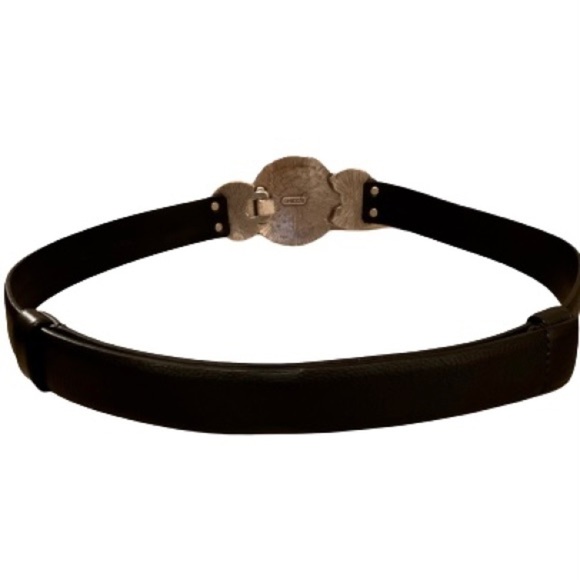 Chico’s black leather statement belt adjustable bold ornate buckle M/L EUC - Picture 3 of 12